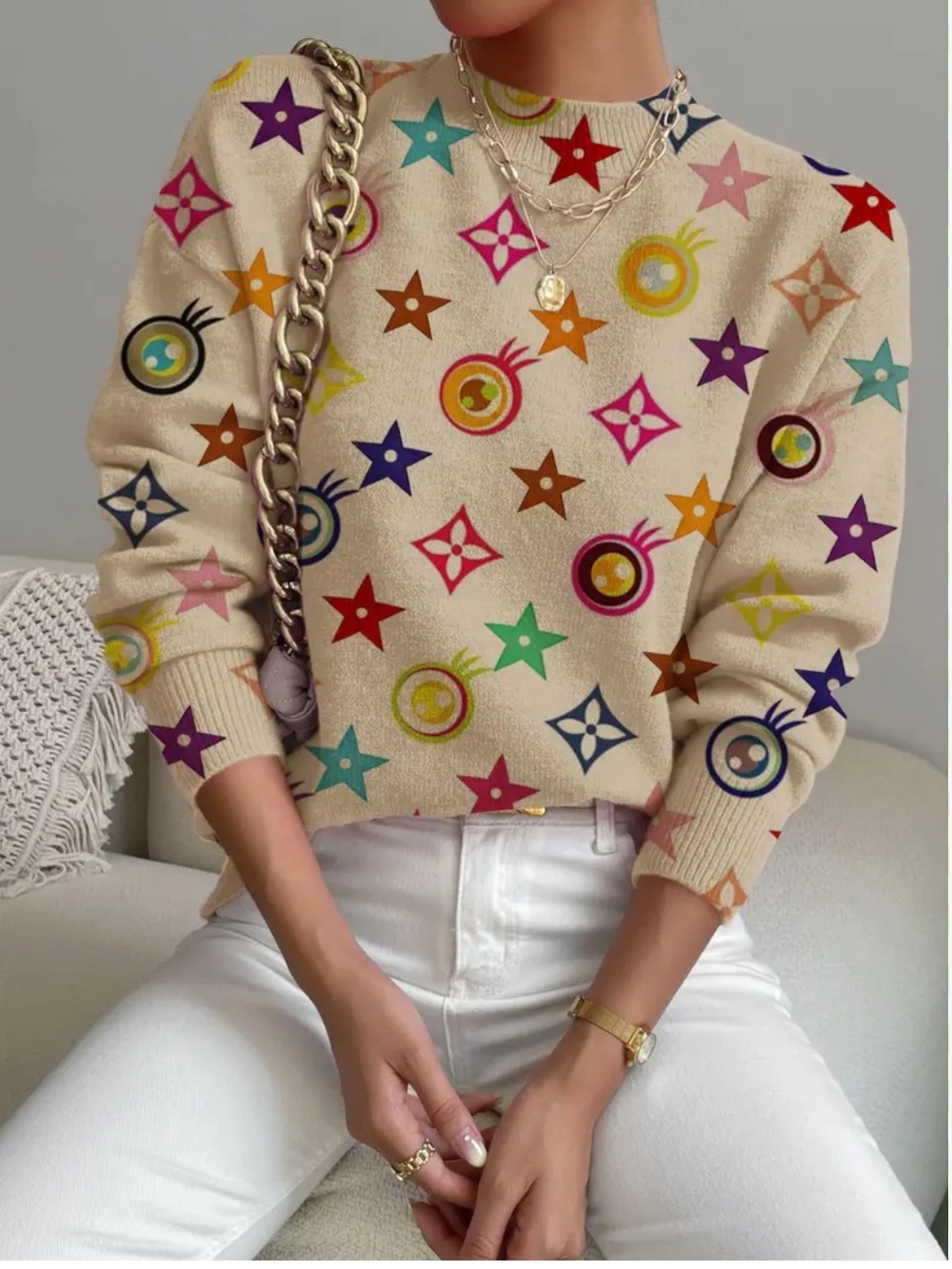 J Brand Cream Multicolor Star & Motif Knit Sweater